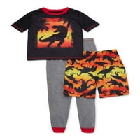 Komar Kids Boys 4- „Sunset T-Rex“ краток ракав, долга пантолона со шорцеви, сет од пижами од 3 парчиња