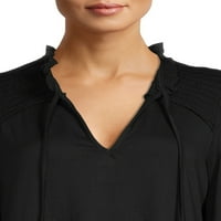 Теми женски пукана блуза со долг ракав на вратот