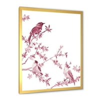 Убави розови птици кои седат на цветни гранки врамени сликарски платно уметнички принт