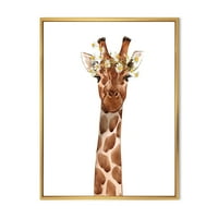 DesignArt 'Портрет на жирафа со фармерска куќа на бели цвеќиња, врамена од платно за печатење на wallидни